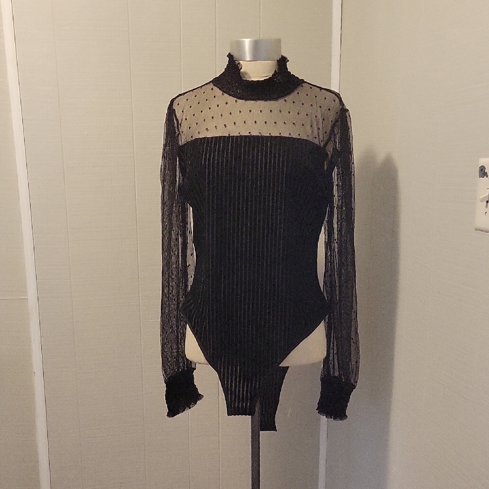Black Asymmetrical Ribbed Long Sleeve Bodysuit